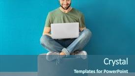  Presentation with electricity gneartion using speed breakers - Slide deck featuring computer - young man using laptop indoors background and a ocean colored foreground