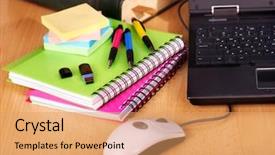  Presentation with back to school virtually - Cool new PPT theme with writing computer - books and laptop school supplies backdrop and a coral colored foreground