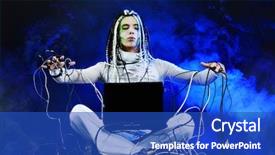  Presentation with greeiting show man - PPT layouts consisting of computer addiction - shot of a futuristic young background and a cobalt blue colored foreground