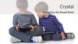  Presentation with computer games - Amazing PPT theme having computer addiction - two brothers playing games backdrop and a light gray colored foreground