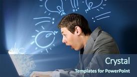  Presentation with young man holdng laptop on lap money - Beautiful PPT theme featuring computer addiction - young man looking in laptop backdrop and a ocean colored foreground