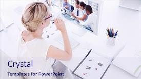  Presentation with working together - Colorful slides enhanced with computer against group of business backdrop and a sky blue colored foreground