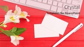  Presentation with business cards - Beautiful PPT layouts featuring computer-and-business-cards backdrop and a coral colored foreground