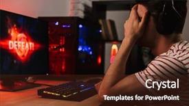  Presentation with upset - Colorful slide deck enhanced with computer and covering his face backdrop and a  colored foreground