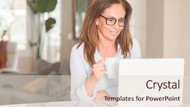  Presentation with computer - Presentation featuring computer and drinking coffee indoor background and a lemonade colored foreground