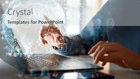  Presentation with intelligence - Slide set having computer-and-hands-close-up background and a sky blue colored foreground