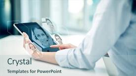  Presentation with business communication - Presentation with computer and having video chat background and a light blue colored foreground