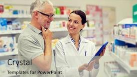  Presentation with pharmacist - Cool new PPT layouts with concept - happy pharmacist with tablet backdrop and a soft green colored foreground