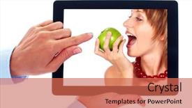  Presentation with human computer interaction mobile app - Slide set enhanced with computer and woman with apple background and a coral colored foreground