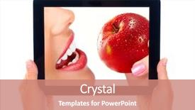  Presentation with apple - Colorful PPT theme enhanced with computer and woman with apple backdrop and a coral colored foreground