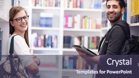  Presentation with library - Presentation design having computer arabic - happy students group in school background and a tawny brown colored foreground