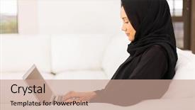  Presentation with arabic woman - Beautiful presentation theme featuring computer arabic - pretty young middle eastern woman backdrop and a coral colored foreground