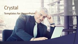  Presentation with desk - Colorful presentation design enhanced with computer arabic - smiling businessman sitting at office backdrop and a cream colored foreground