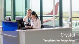  Presentation with staff - Audience pleasing theme consisting of computer at counter in airport backdrop and a gray colored foreground