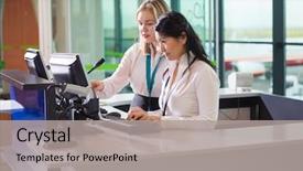  Presentation with airport ground handling - Beautiful PPT theme featuring computer at counter in airport backdrop and a light gray colored foreground