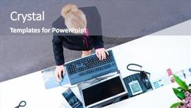  Presentation with front office hotel - PPT layouts featuring computer at front desk office background and a gray colored foreground