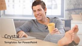  Presentation with tea cup - Amazing presentation design having computer at home holding tea backdrop and a soft green colored foreground