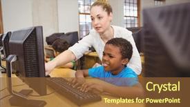  Presentation with teacher and students - Cool new PPT layouts with computer at the elementary school backdrop and a tawny brown colored foreground