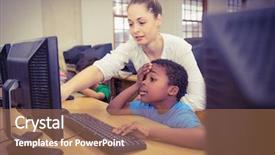  Presentation with elementary school - Slide deck enhanced with computer at the elementary school background and a coral colored foreground