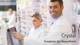  Presentation with hospital pharmacy - Audience pleasing presentation consisting of computer at the hospital pharmacy backdrop and a light gray colored foreground