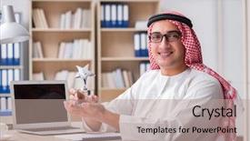  Presentation with arab - Slides with computer award - arab businessman working background and a coral colored foreground