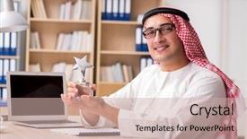  Presentation with arab israeli conflict - Slides with computer award - arab businessman working background and a  colored foreground