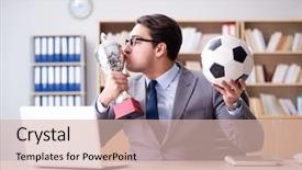  Presentation with football - Beautiful slide set featuring computer award - businessman with football ball backdrop and a lemonade colored foreground