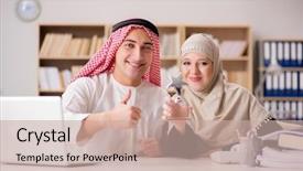  Presentation with woman in pain - Audience pleasing presentation theme consisting of computer award - pair of arab man backdrop and a  colored foreground