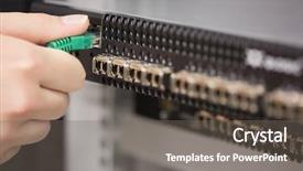  Presentation with data cabling - Beautiful PPT theme featuring computer backup - woman plugging usb cable backdrop and a  colored foreground