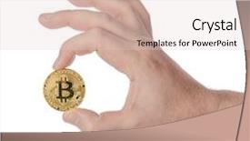  Presentation with waiter hand in white glove - Cool new slides with computer bits - bitcoin in hand isolated backdrop and a lemonade colored foreground