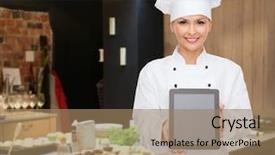  Presentation with food technology - Colorful slide deck enhanced with computer blank screen over restaurant backdrop and a coral colored foreground