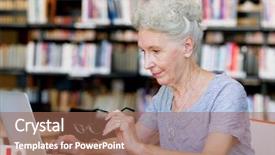  Presentation with fall prevention elderly - PPT theme having computer book - elderly lady working with laptop background and a coral colored foreground