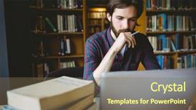  Presentation with university library - Audience pleasing PPT theme consisting of computer book - hipster student studying in library backdrop and a violet colored foreground