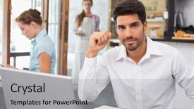  Presentation with coffee book - Cool new slide deck with computer book - portrait of a young man backdrop and a light gray colored foreground