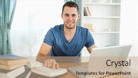  Presentation with college education happy smiling - PPT layouts enhanced with computer book - smiling male student happy background and a coral colored foreground