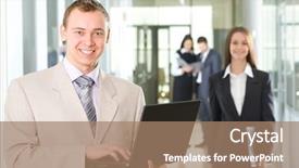  Presentation with business man climbs up to the top of 3d success stairs steps - Beautiful slides featuring computer build - handsome happy business man backdrop and a  colored foreground