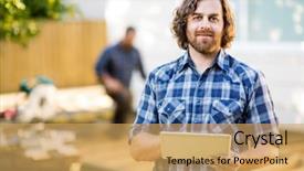  Presentation with construction site construction - Colorful presentation design enhanced with computer build - portrait of mid adult manual backdrop and a yellow colored foreground