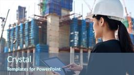  Presentation with hard work - Slide set with computer build - professional business woman supervising construction background and a ocean colored foreground