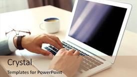  Presentation with young man holdng laptop on lap money - PPT theme featuring computer business - man working with laptop background and a coral colored foreground