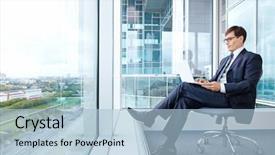  Presentation with young man holdng laptop on lap money - Amazing theme having computer business - man works for a laptop backdrop and a light blue colored foreground