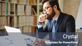  Presentation with front office - Presentation design enhanced with computer business - pensive businessman sitting in front background and a ocean colored foreground