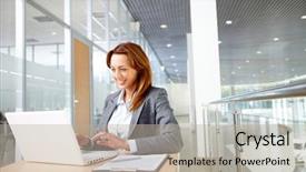  Presentation with successful - Audience pleasing PPT theme consisting of computer business - portrait of successful businesswoman working backdrop and a mint green colored foreground