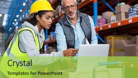  Presentation with large warehouse logistic or distribution - Slide deck with computer business - worker and manager are looking background and a yellow colored foreground