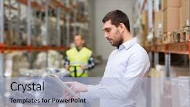  Presentation with export - Cool new presentation theme with computer checking goods at warehouse backdrop and a light blue colored foreground