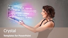  Presentation with laptop - Presentation design with computer code - attractive casual woman holding laptop background and a coral colored foreground