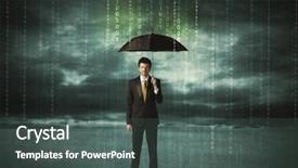  Presentation with umbrella protection - Cool new slide deck with computer code - business man standing with umbrella backdrop and a dark gray colored foreground