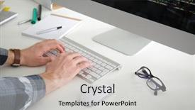  Presentation with keyboard - Cool new slide deck with computer code knowledge - male hands on keyboard closeup backdrop and a  colored foreground