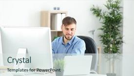  Presentation with workplace - Presentation theme consisting of computer code knowledge - young programmer at workplace background and a  colored foreground