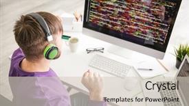  Presentation with workplace conflicts - Slide deck with computer code knowledge - young programmer at workplace background and a  colored foreground