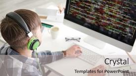  Presentation with workplace - Colorful presentation theme enhanced with computer code knowledge - young programmer at workplace backdrop and a  colored foreground